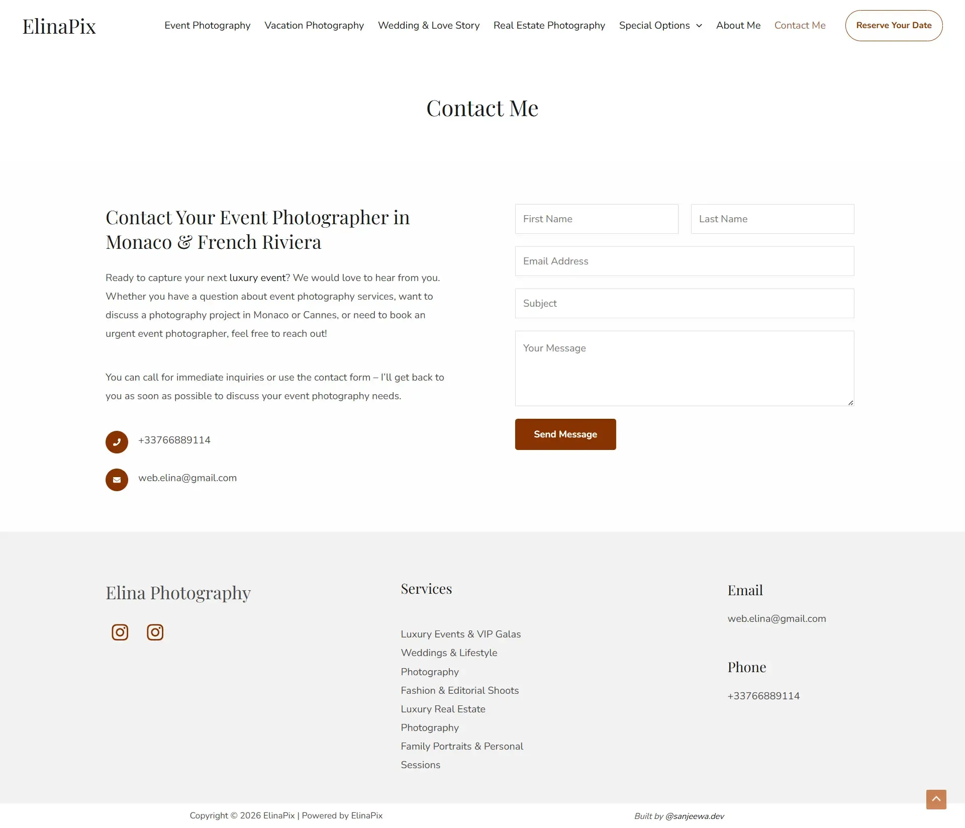 ElinaPix custom WordPress contact form and automated booking page for event photography