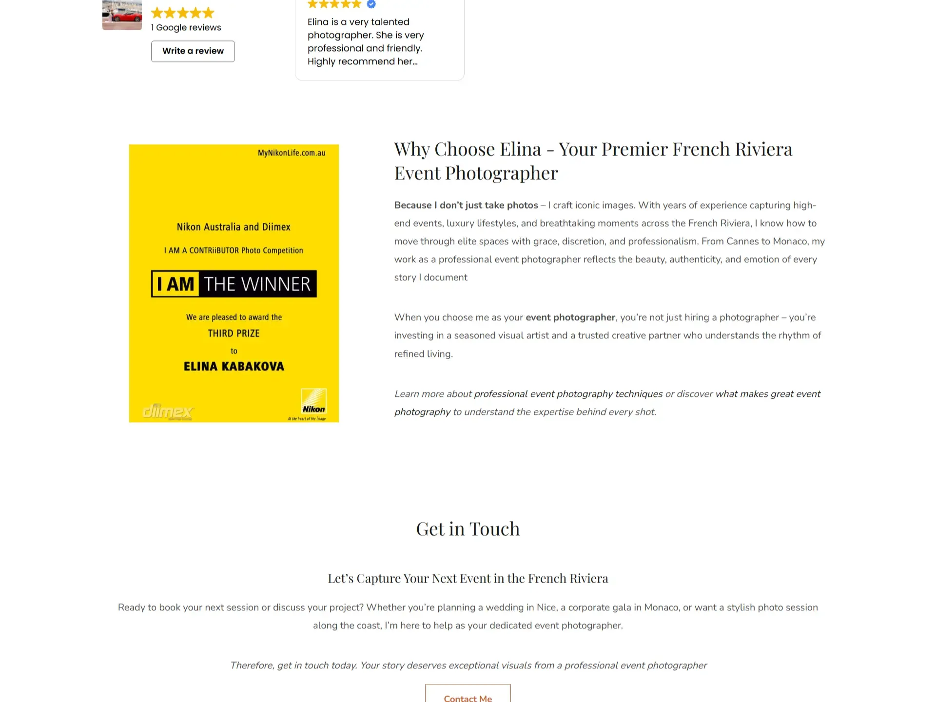 ElinaPix photography awards recognition and five-star client Google reviews section